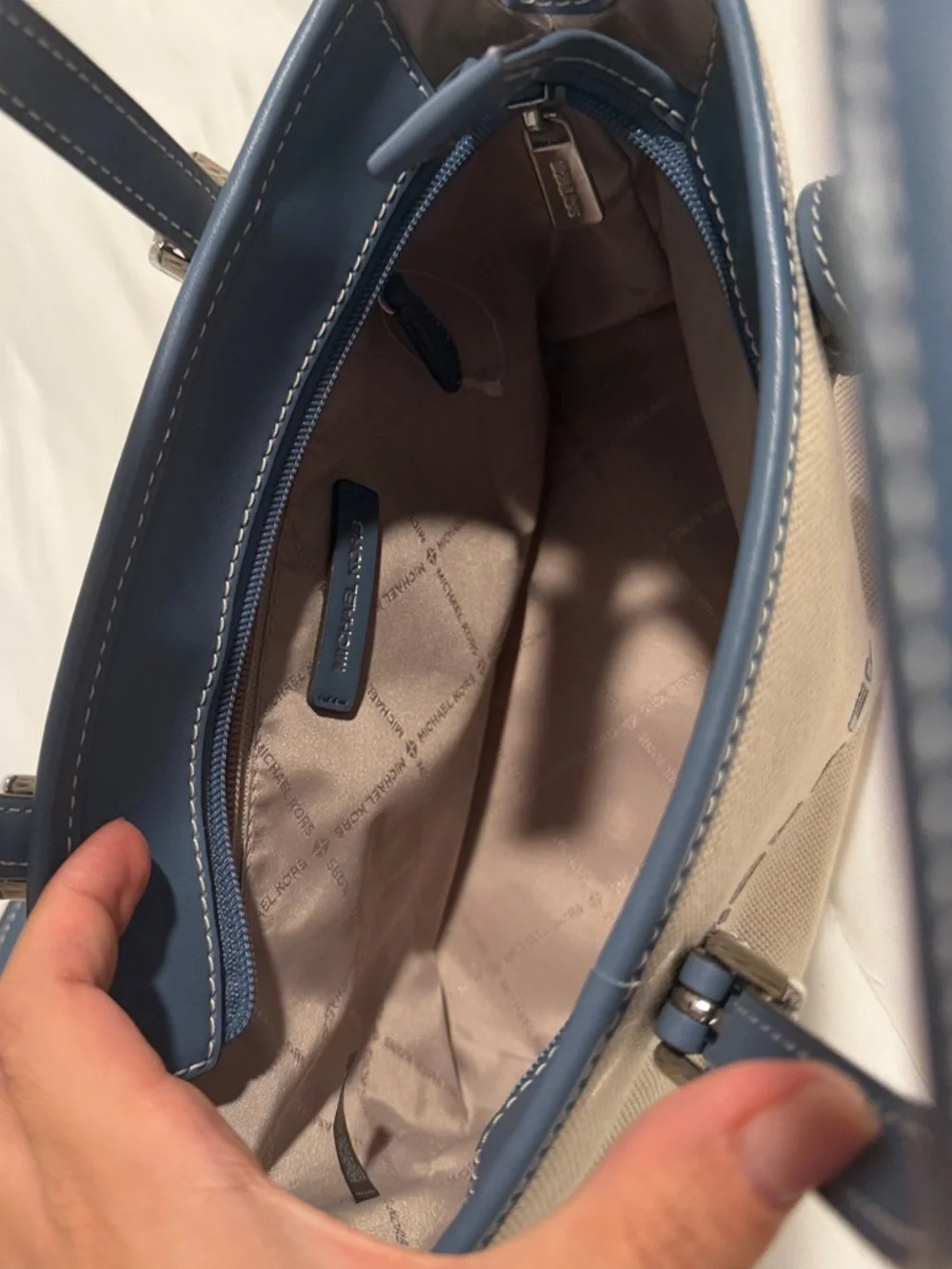 Michael Kors Beige Canvas Tote with Blue Trim and Logo